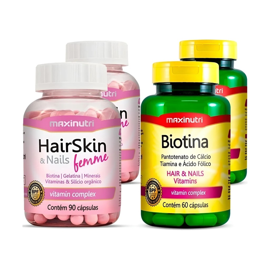 Kit 2 Hair Skin & Nails + Biotina Cabelos, Unhas - Maxinutri