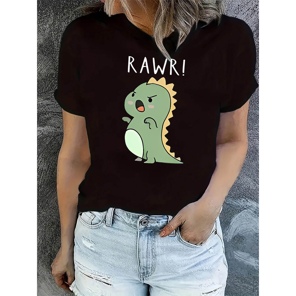 BR Moonlight Camiseta Feminina Dinosaur Roaring Dinossauro Rugindo Divertida Fofa Confortável Casual