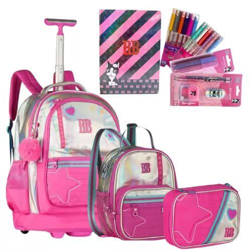 Super Kit Escolar Rebecca Bonbon  Holográfico com Mochila Carro , Estojo box, Lancheira e Itens de Papelaria Clio Style