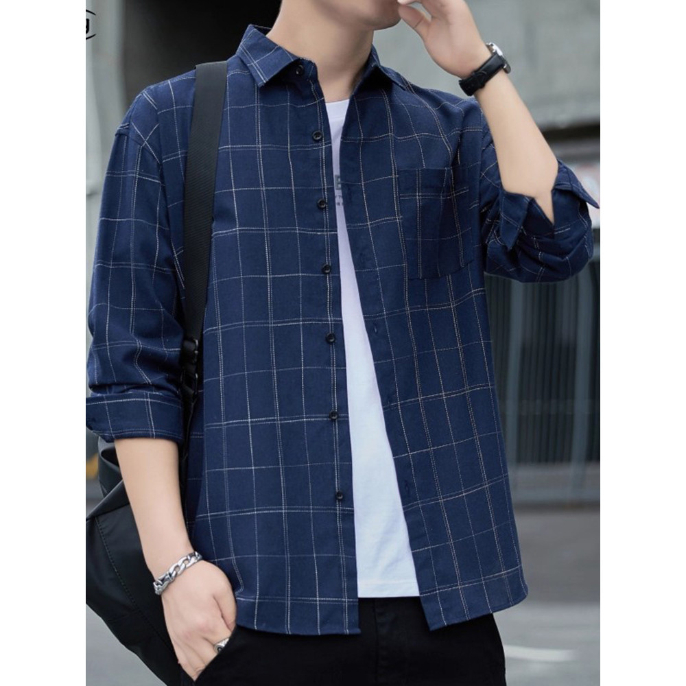 Camisa xadrez masculina de manga comprida primavera outono lapela jaqueta solta roupas superiores finas camisa masculina