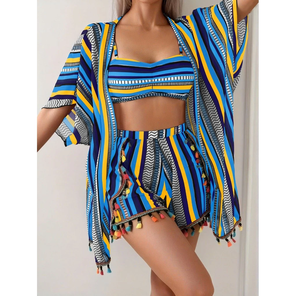 Maiô feminino protetor solar blusa com franjas biquíni conjunto de maiô de quatro peças — imagem 1