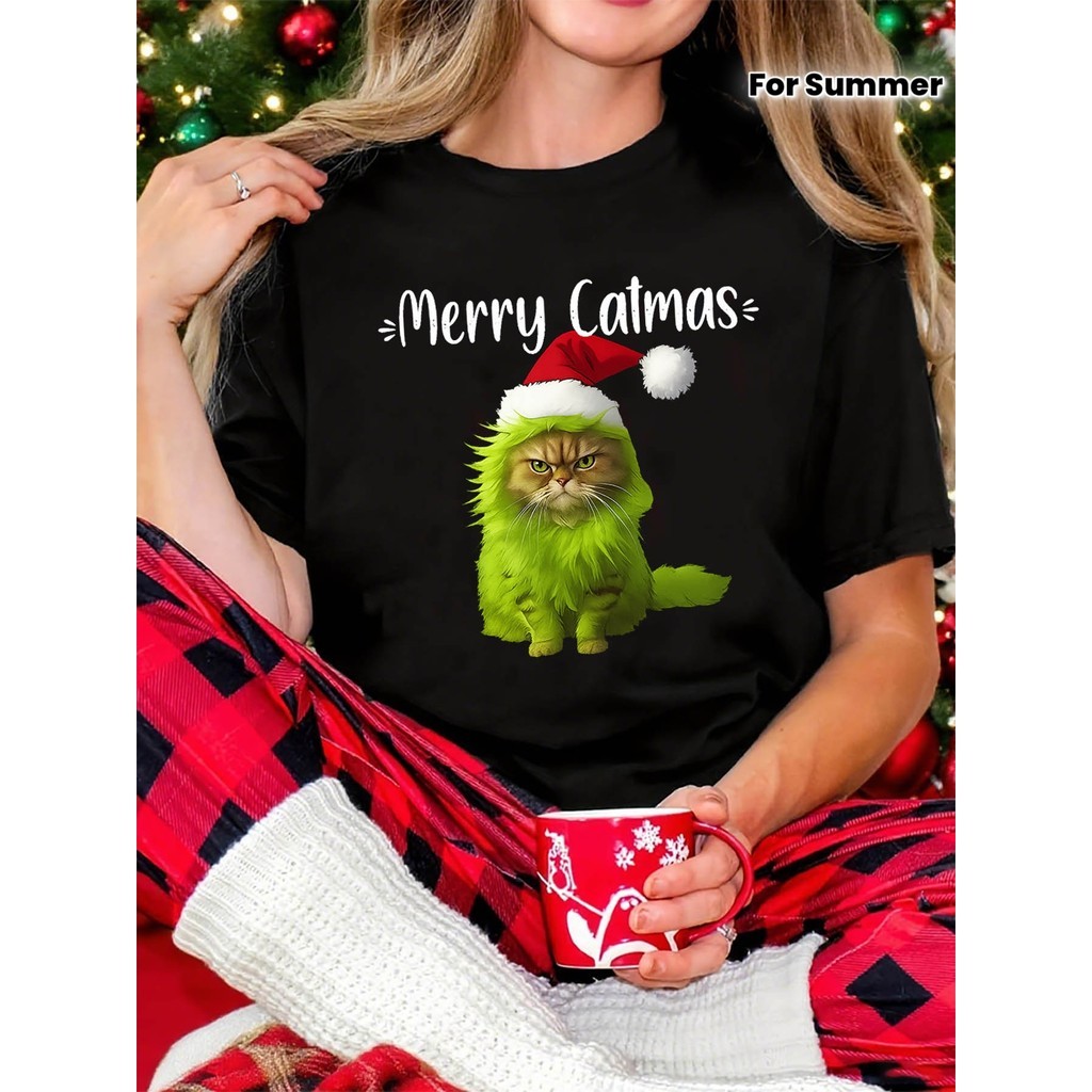 Camiseta Camisa Algodão Feminina Merry Catmas Gato Natalino Chapéu Santa Cachecol Coração Estampada Confortável Divertid