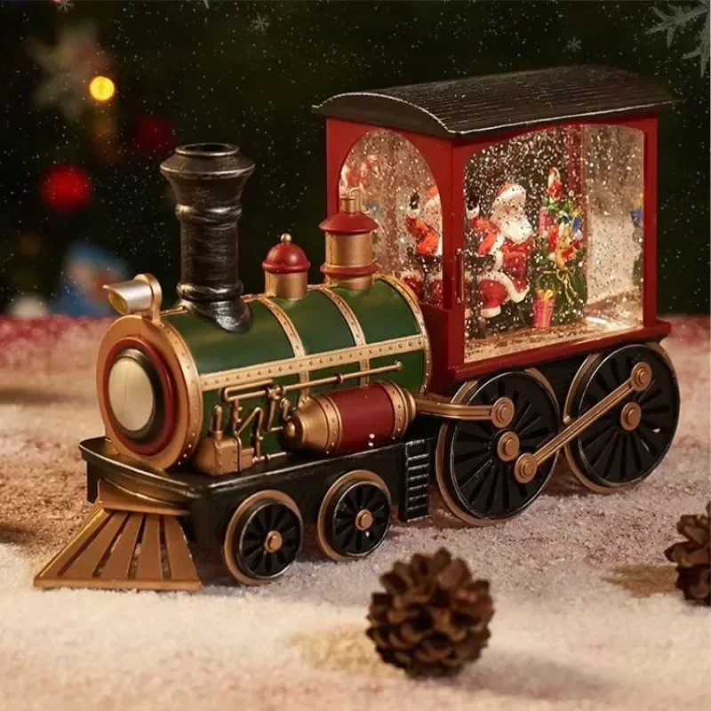 Charmosa Caixa De Música De Véspera De Natal Cheia De Água Santa Trem Enfeites De Neve Com Luzes Led Decorações De Feliz