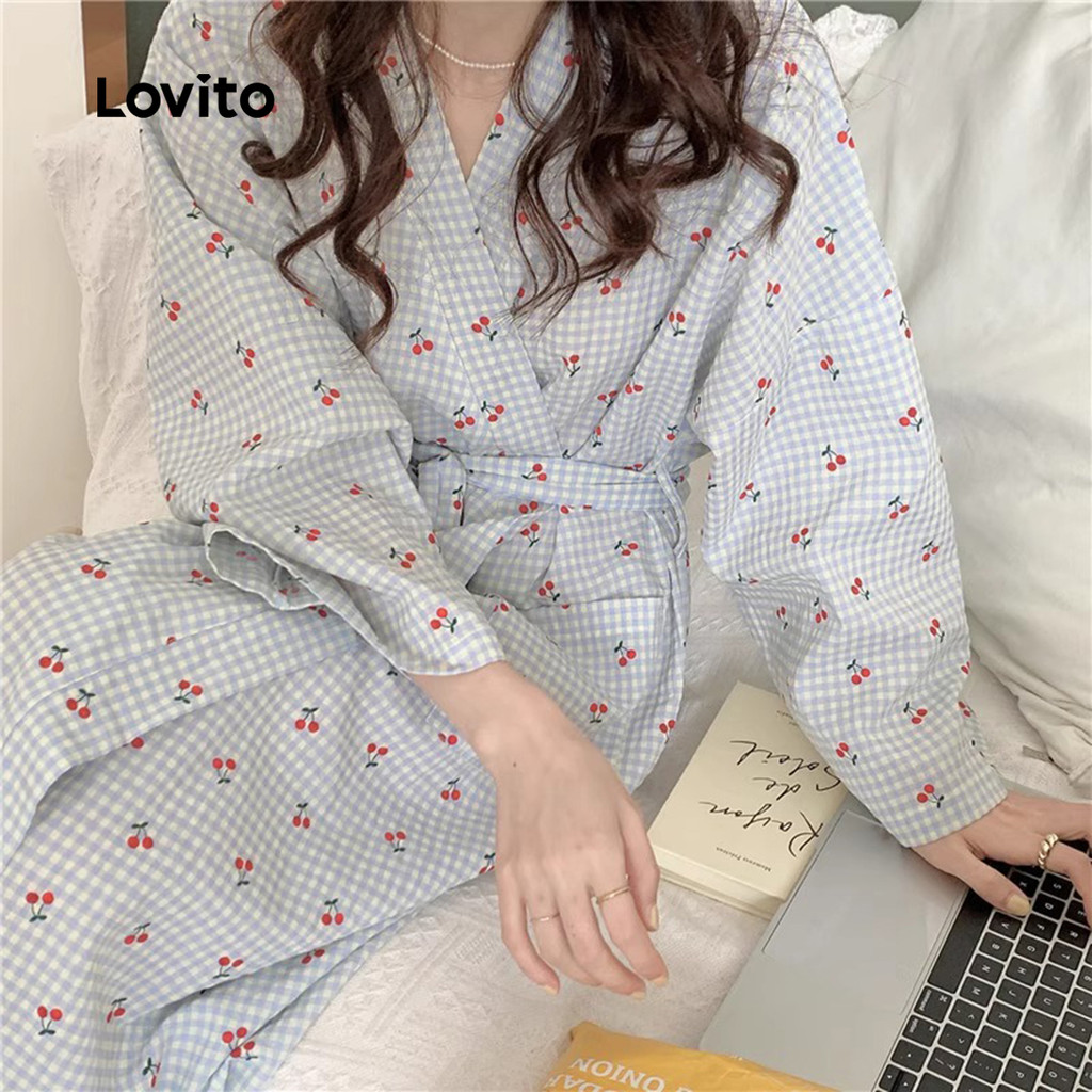 Lovito Moda Coreana Casual Robe Azul Com Amarração Frontal Floral Para Mulheres LNE1132X062 em Oferta na Shopee