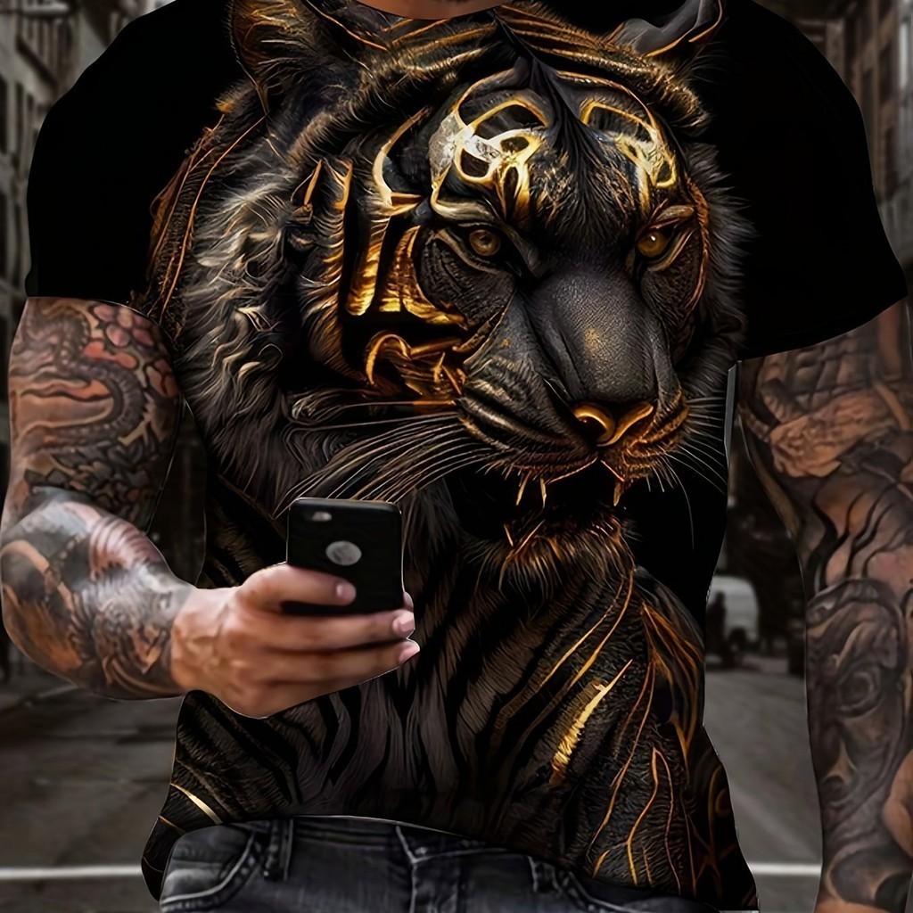 Novo Estilo 3D Lion King Corolla Estampa Camiseta Gola Redonda Manga Curta Verão Ao Ar Livre