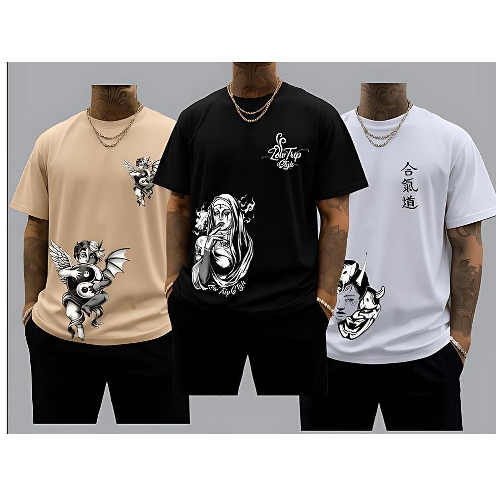 Kit 3 Camiseta Masculina Algodão Premium Adulto Plus Size Infantil Streetwear Over Carranca Anjo Yin Yang Freira Lado