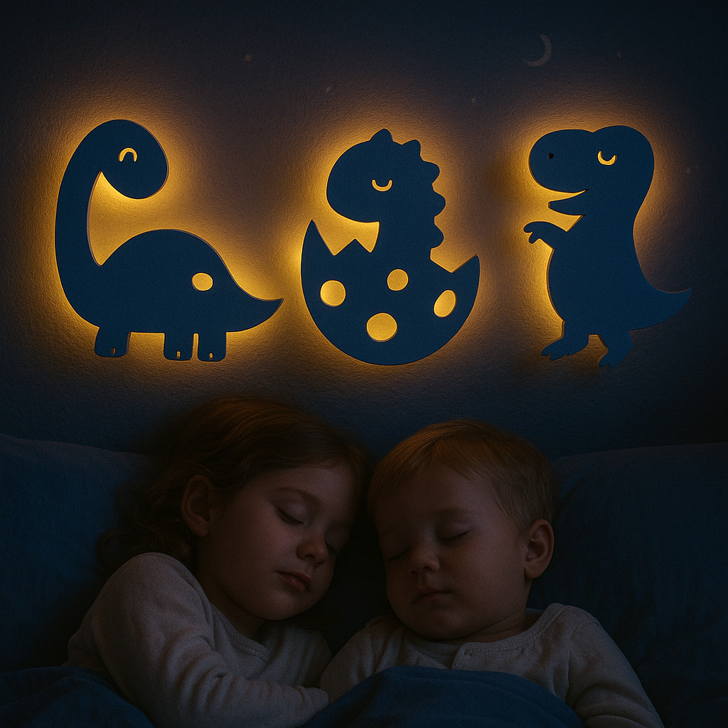 Kit 3 Luminárias LED Dinossauro Infantil Parede MDF Decorativa Quarto Luz Noturna Abajur Recarregável