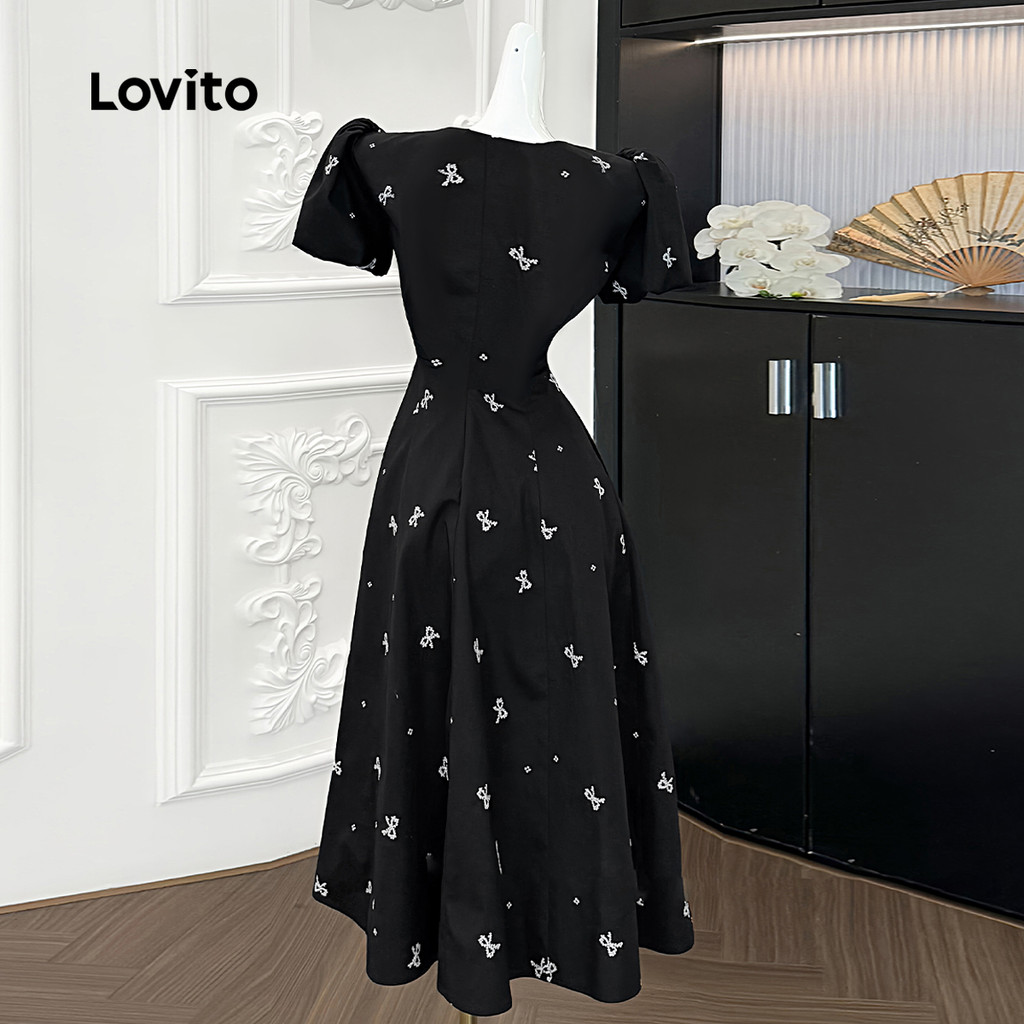 Detalhes do Lovito Vestido Casual Feminino Com Botões Frontais E Estampa Preta Para Verão/Primavera L134ED529