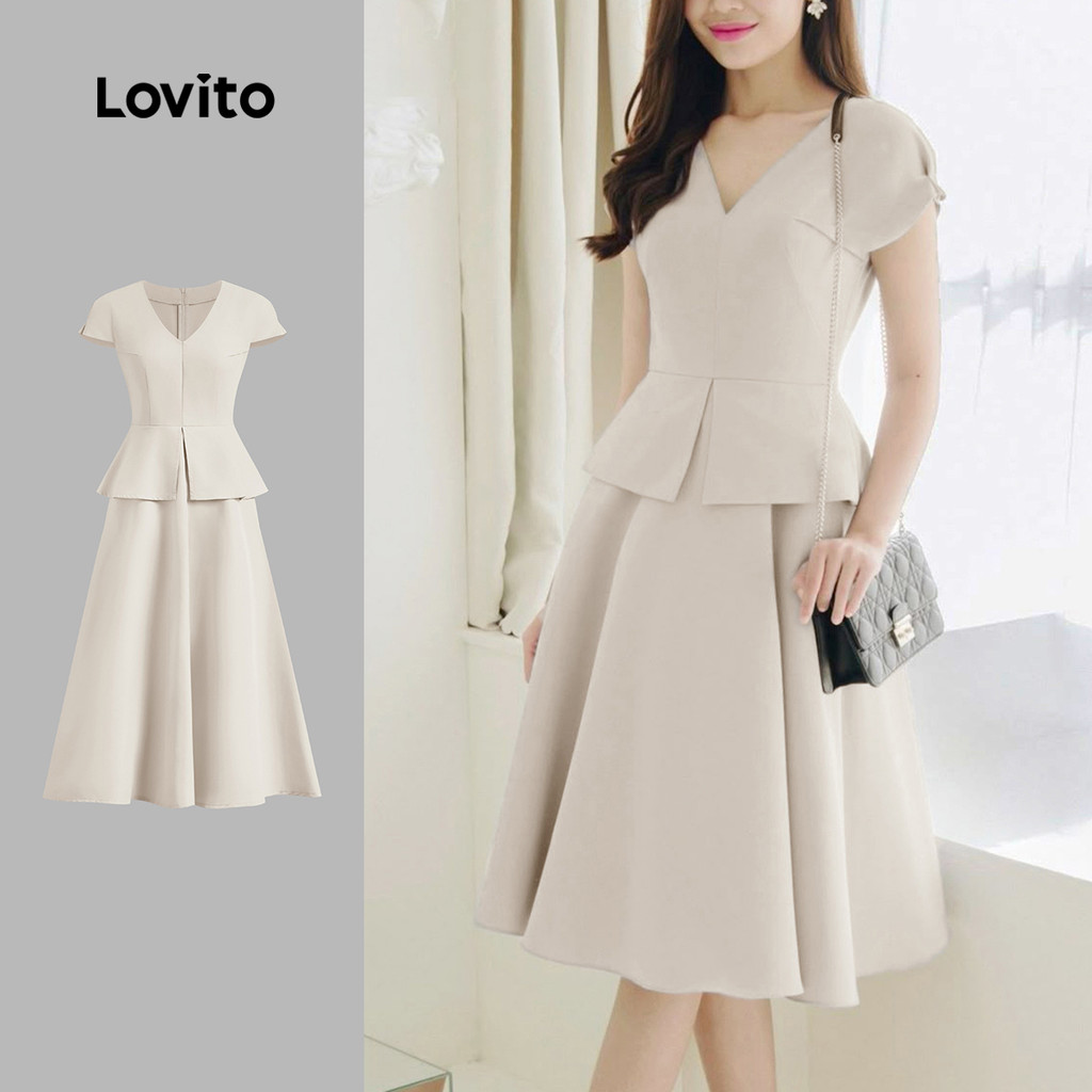 Lovito Vestido Elegante com Babado Na Barra Falsa 2 em 1 para Deslocamento Primavera/verão Cinza Claro L142ED407 em Oferta na Shopee