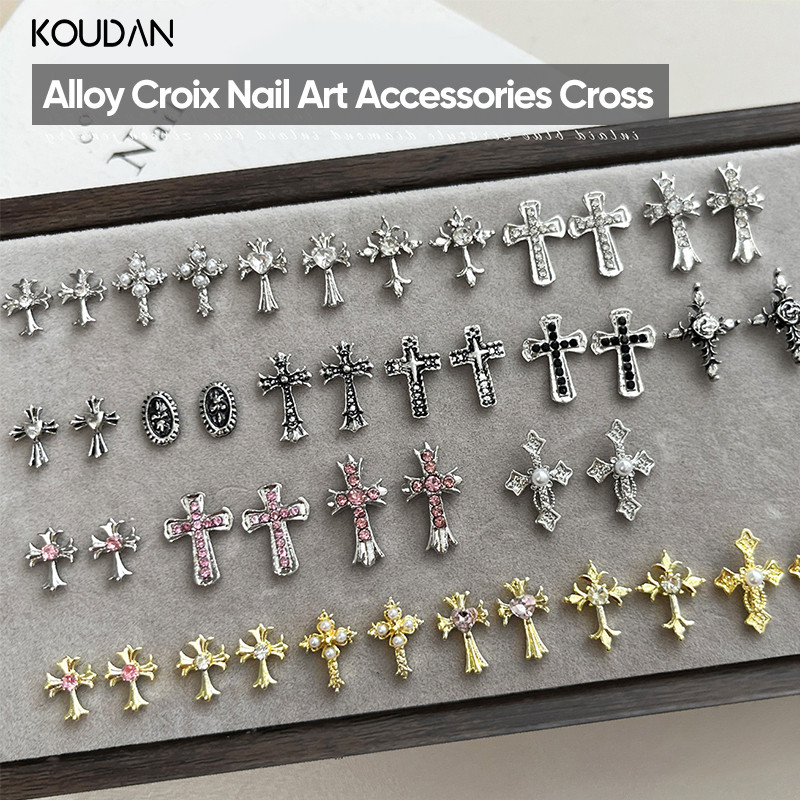 Nail Art Decoração De Unhas DIY Corações Metal Strass Cruz Pérola Retro Ouro Prata KOUDAN em Oferta na Shopee