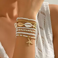 Pulseira De 7 Peças Com Contas De Arroz Em Forma De Estrela Do Mar E Conchas Trançadas