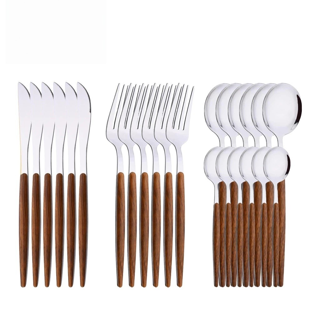 Kit 24 Peças Jogo de Talheres em Aço Inoxidável com Alças de Madeira – Cor Prata