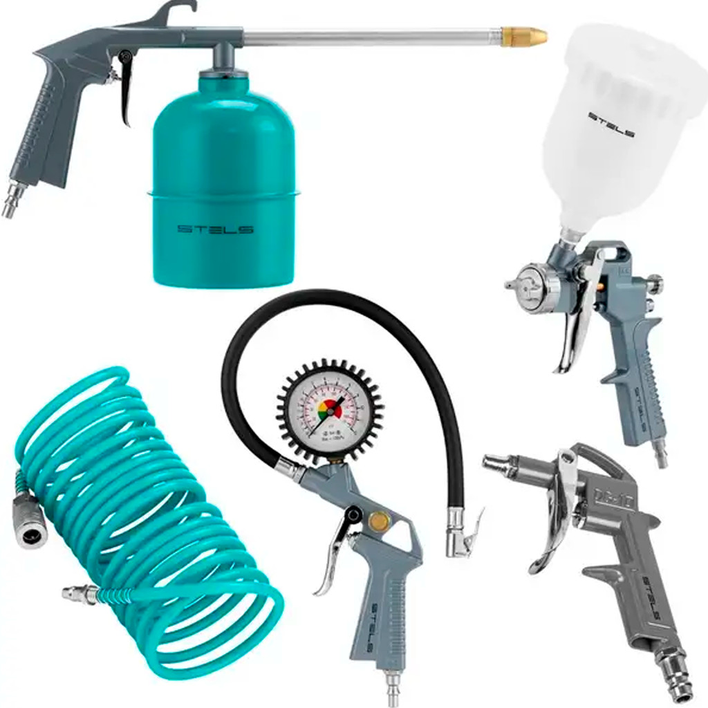 Jogo de Pistola Pneumática 5 Peças STELS 5730255 Pistolas de Pintura, Limpeza e Calibrador Completo