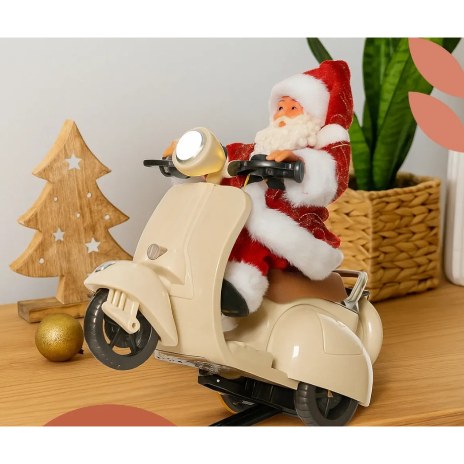 Papai Noel Musical De Lambreta com Som e Movimento – Enfeite Natalino Bege e Vermelho