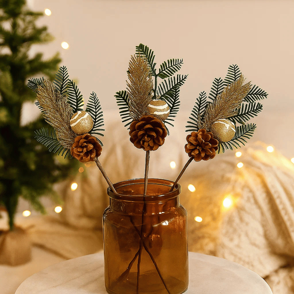 Kit 3/6 Ramo Galho 25cm com Pinha e Bola Dourada Natal - Wincy Natal / Adorno Decoração Natalina