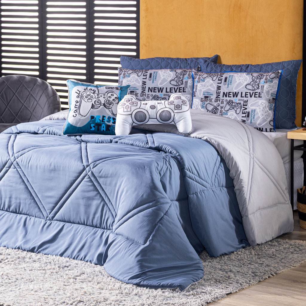 Kit Edredom CASAL Game Start Azul com Almofadas Estampadas 7 Peças - Dupla Face Percal Soft 300 Fios em Oferta na Shopee