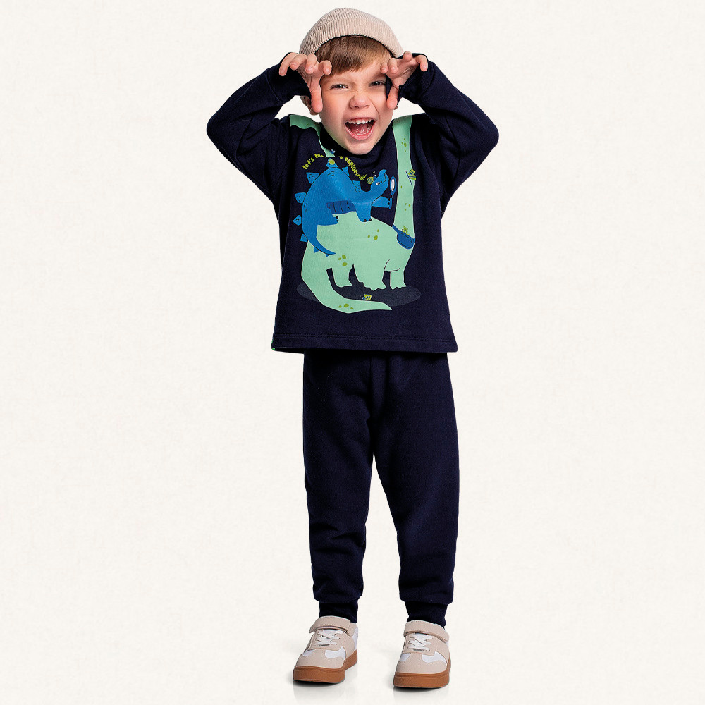 Conjunto infantil blusão e calça em moletom dinossauros Fakini