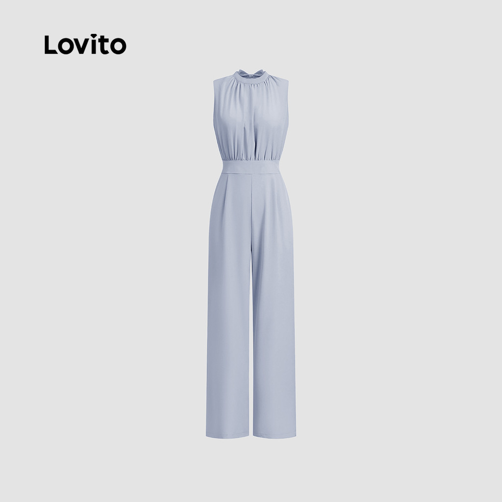 Detalhes do Lovito Macacão Elegante Liso Franzido Verão Primavera Cinza Azul Macacão Para Mulheres L134ED420