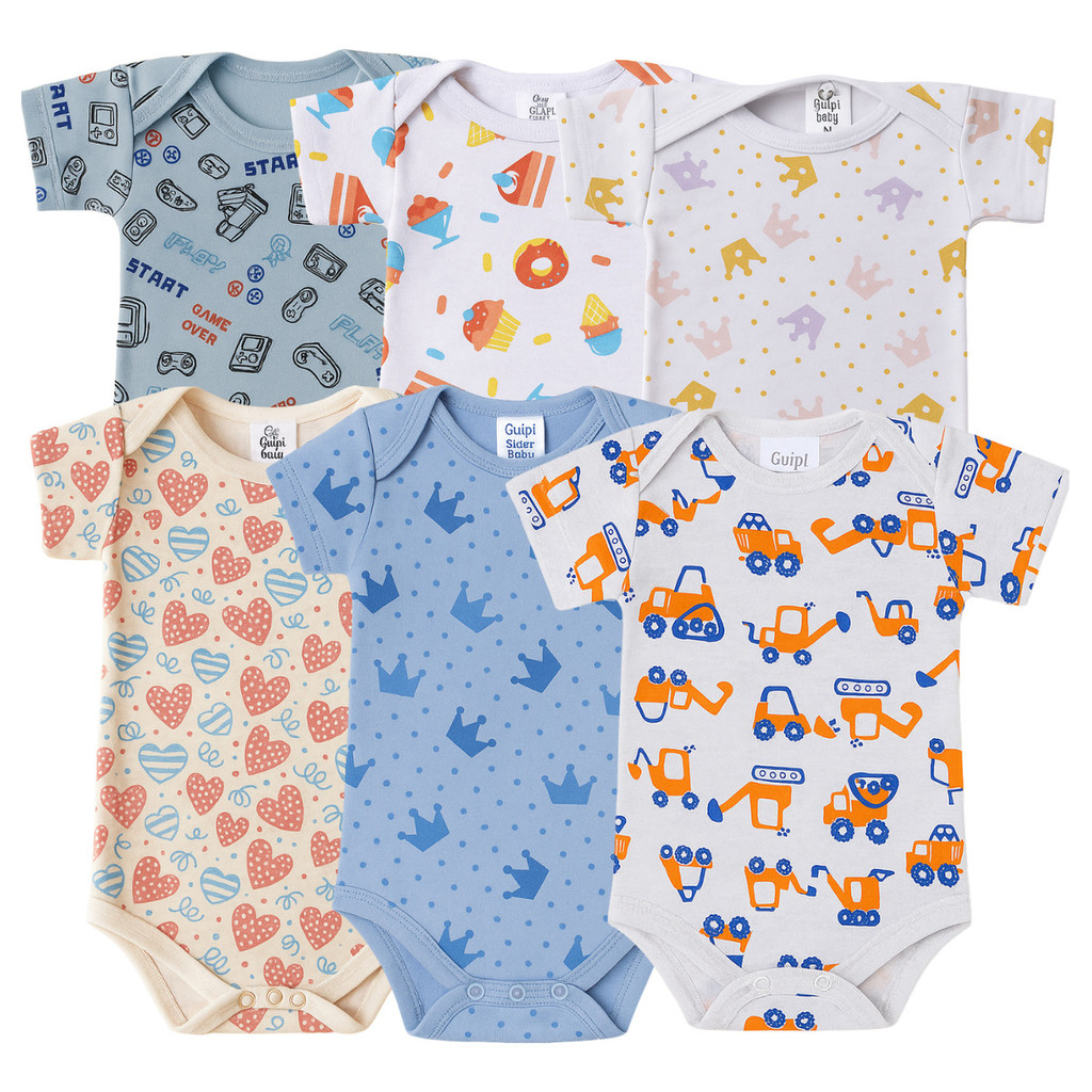 Kit 6 Bodies Para Bebês Estampados Manga Curta Algodão 100%