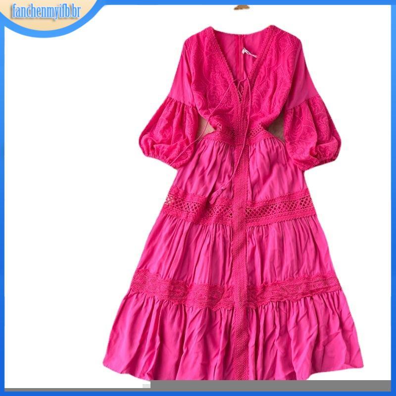 Primavera/Verão Vestidos Midi Slim Cintura Alta Pescoço Em V Fino Manga De Lanterna De Linha A Bordado De Renda Oca