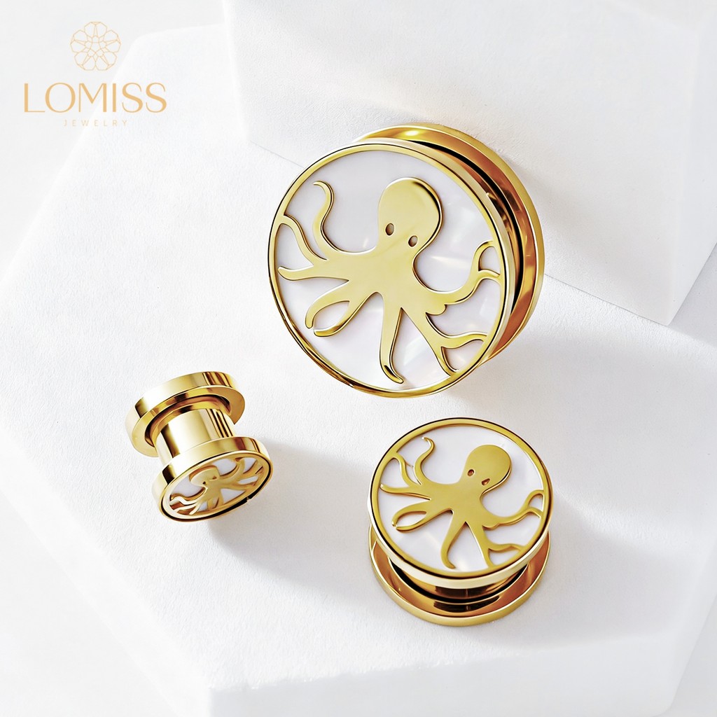 Alargador de Orelha Personalizado Aço Cirúrgico Com Madre Perola / Polvo em Oferta na Shopee