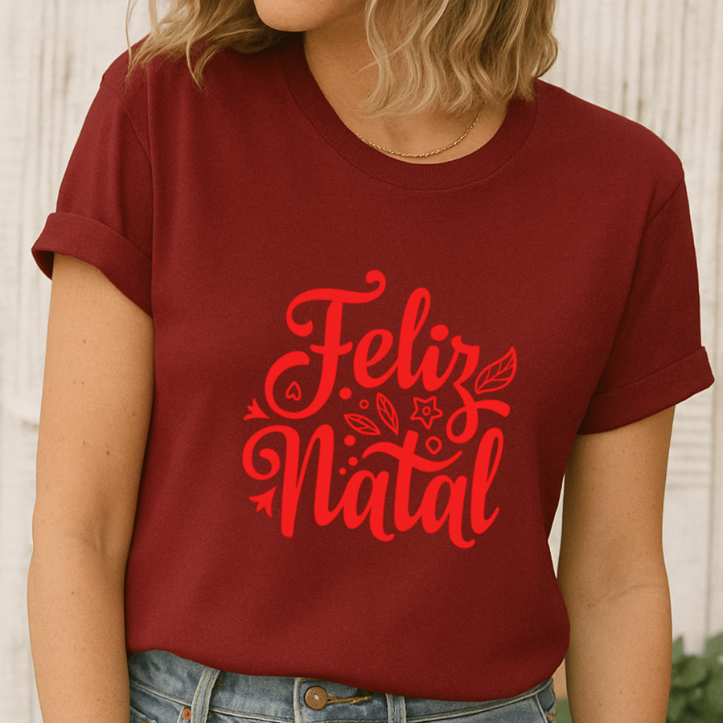 Camiseta Feminina Camisa Gola Redonda Premium Feliz Natal Reforçada Toque Macio Algodão