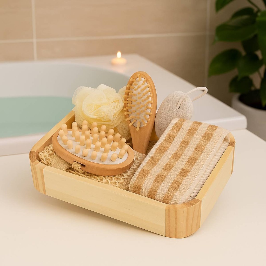 Kit Banho Completo em Madeira com Esponjas, Escovas e Lixa Relaxamento Cuidado Pessoal SPA Banheira 6pças