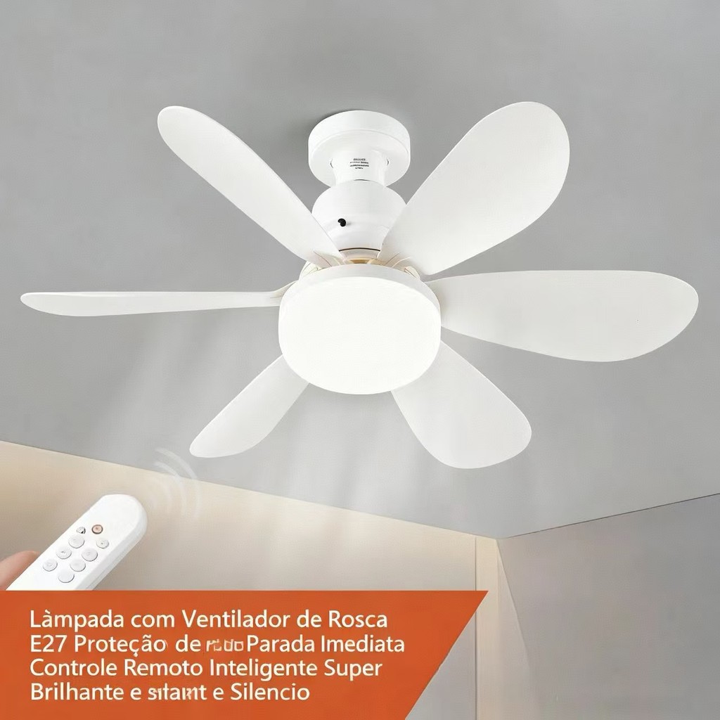 Ventilador Lâmpada De Teto LED Silencioso, Moderno e com Controle Remoto,6 Hélices, Bivolt,Prática Instalação E27