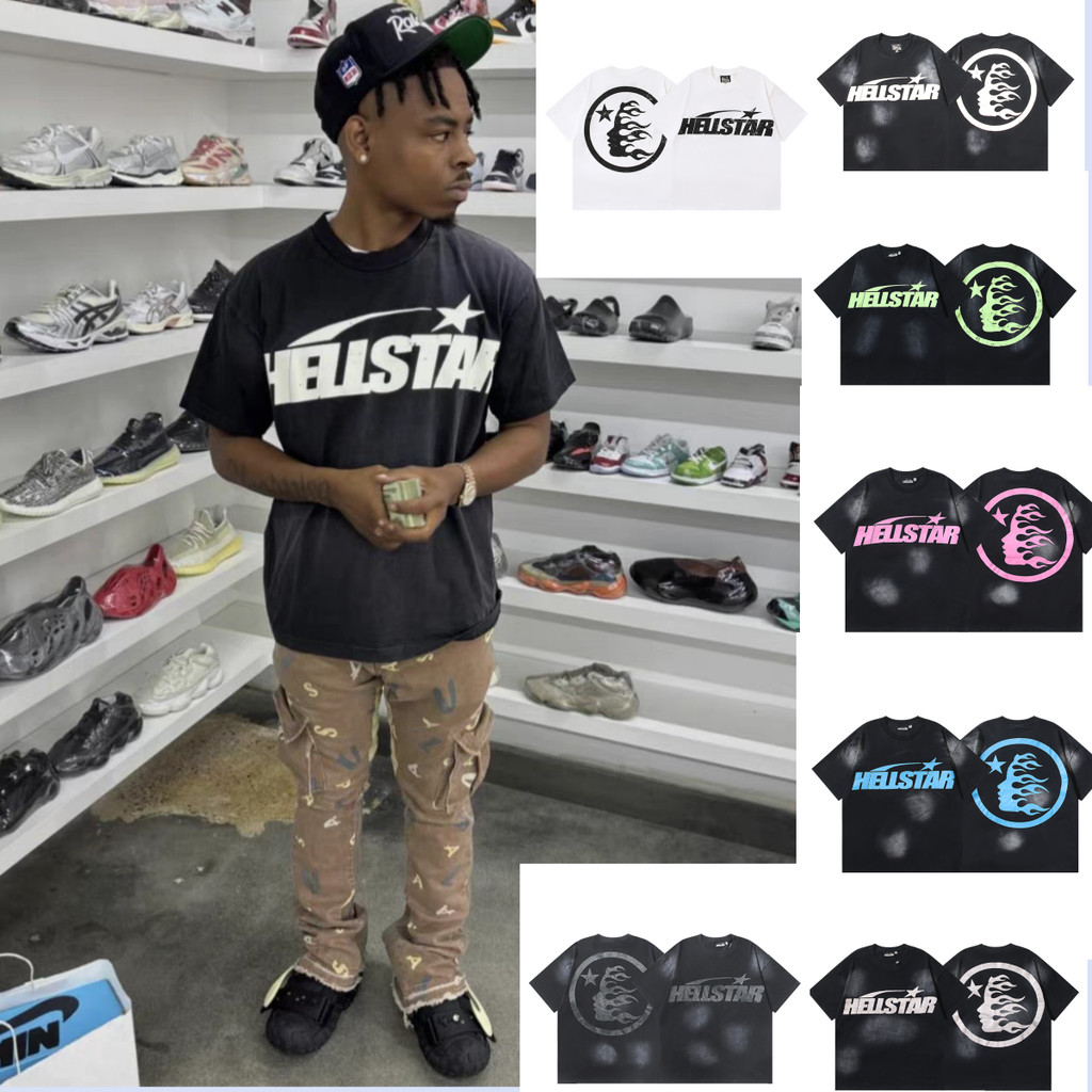 Hellstar American Street Wear Black Wash Retro Manga Curta Carta Estampada Camiseta Masculina Feminina