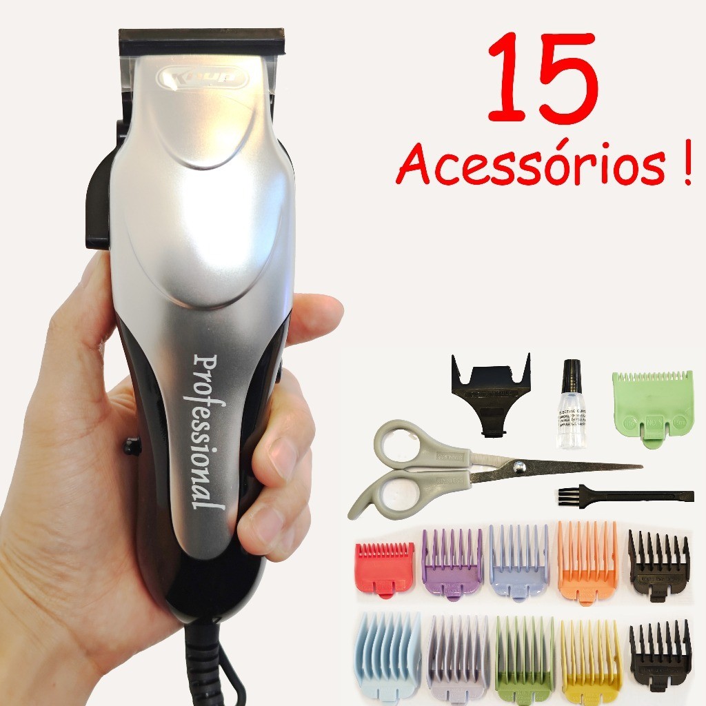 Máquina de Cortar Cabelo Profissional 110V/220V Durável para Salão e Doméstico Inclui 15 Acessórios em Oferta na Shopee
