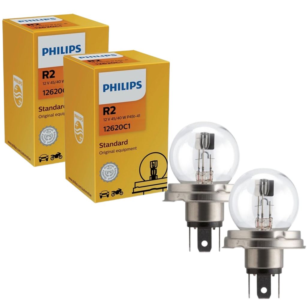 PAR DE LÂMPADA HALÓGENA PHILIPS STANDARD ORIGINAL FAROL ALTO E BAIXO R2 P45t-41 45/40W 12V