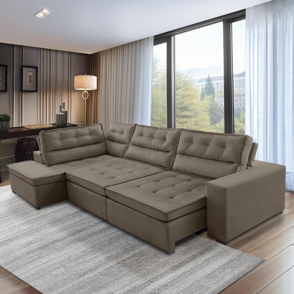 Sofá de Canto Retrátil e Reclinável com Molas 3,40x2,00 Esq Virginia Suede Cappuccino Adonai Estofados em Oferta na Shopee