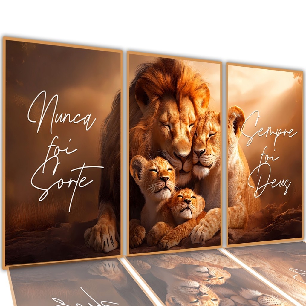 Kit 3 Quadros Leão familia frases Motivação Fé religioso 122x60 Sala quarto Decorativo Premium 4k