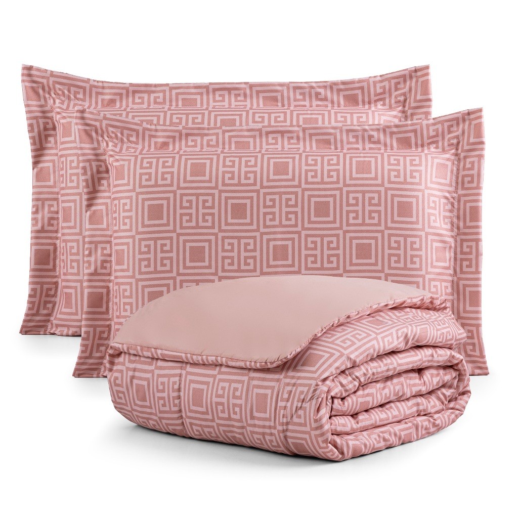 Kit Edredom 200 Fios Dupla Face Queen + 2 Porta Travesseiros Estampado Macio Aura