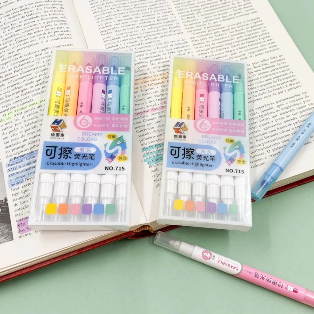 Kit Marca Texto Apagável 6 Cores (NO.715) Pastel Kwaii Caneta Marca Texto Apaga Ponta Dupla em Oferta na Shopee