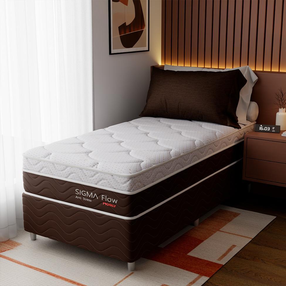 Cama Box com Colchão Solteirão Sigma Flow (23x96x203) Marrom e Branco