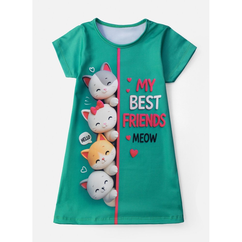 Vestido Infantil Manga Curta My Best Friends Meow Verde 216 - Laluna