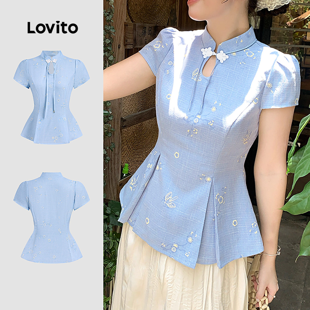 Lovito Blusa Casual Estilo Chinês Cheongsam Qipao Colorblock Azul Para Primavera/verão Para Mulheres L157ED041 em Oferta na Shopee