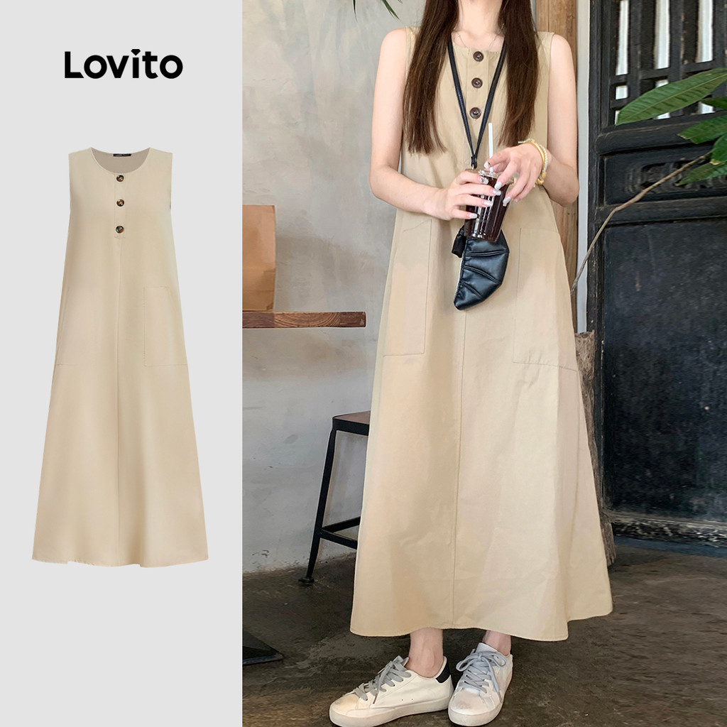 Lovito Vestido Casual de Botões para Primavera/verão em Cáqui Leve para mulheres L159AD070 em Oferta na Shopee