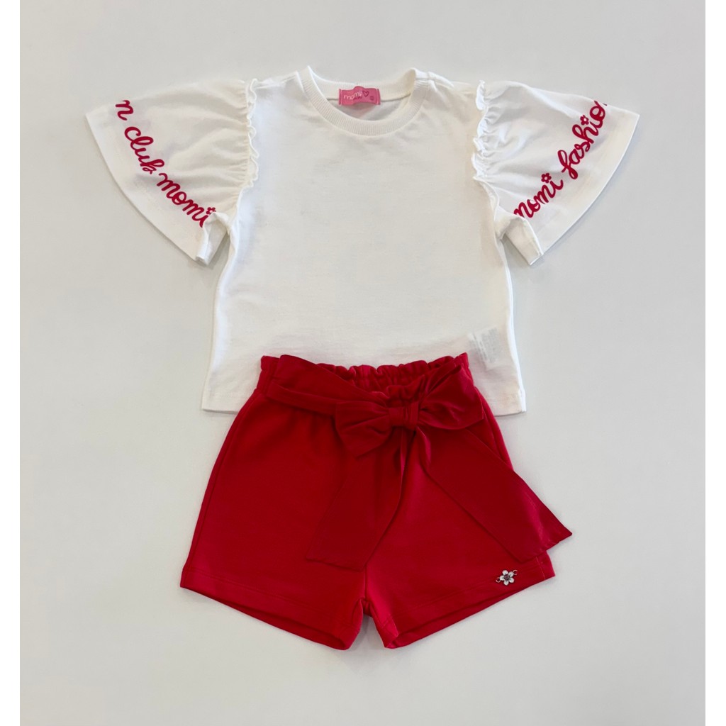Conjunto Infantil Menina Momi Blusa Off e Shorts Vermelho Verão Moda Kids