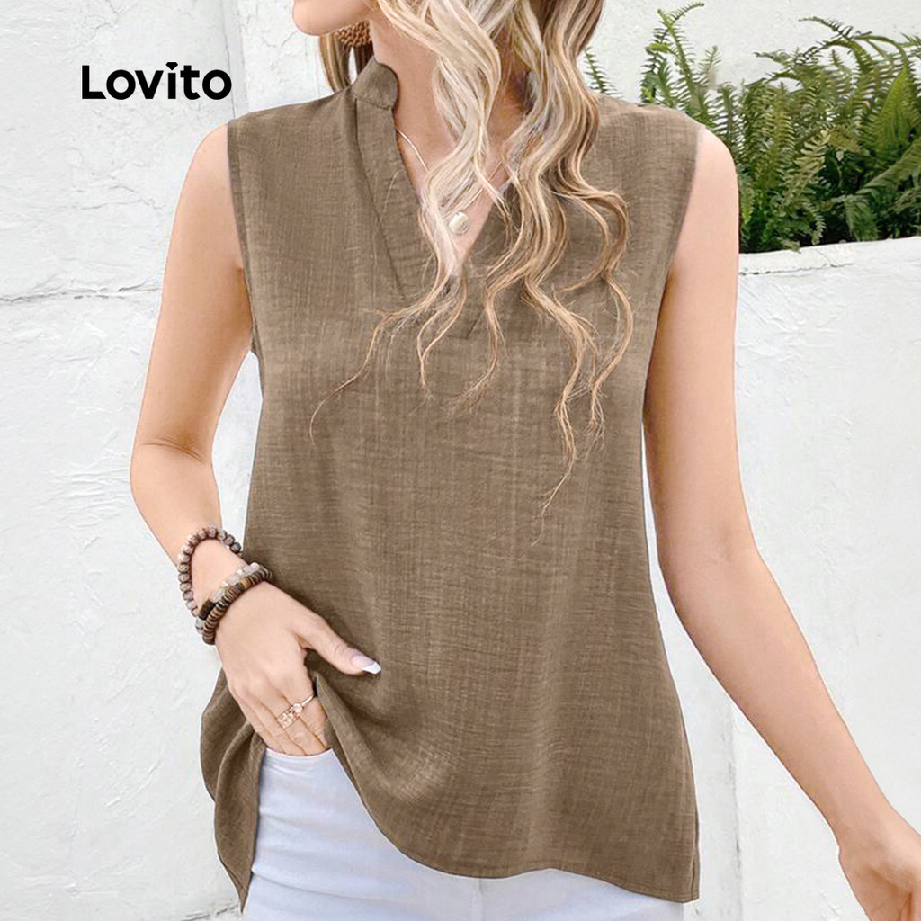 Detalhes do Lovito Blusa Casual Plicated com Botão Primavera/verão Caqui para Mulheres L154ED445