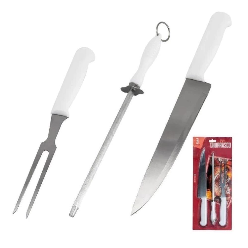 Kit 10 - Jogo Churrasco 3 Peças Com Faca Garfo Chaira Profissional Aço Inox Alta Qualidade