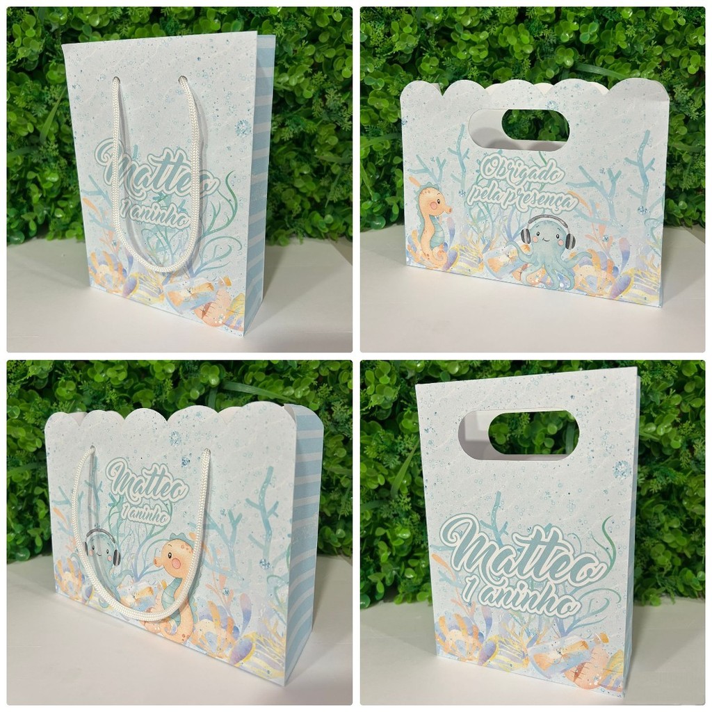 Kit Sacola Papelaria Personalizada Fundo do Mar Sacolinha de Lembrancinha Caixinha para Festa