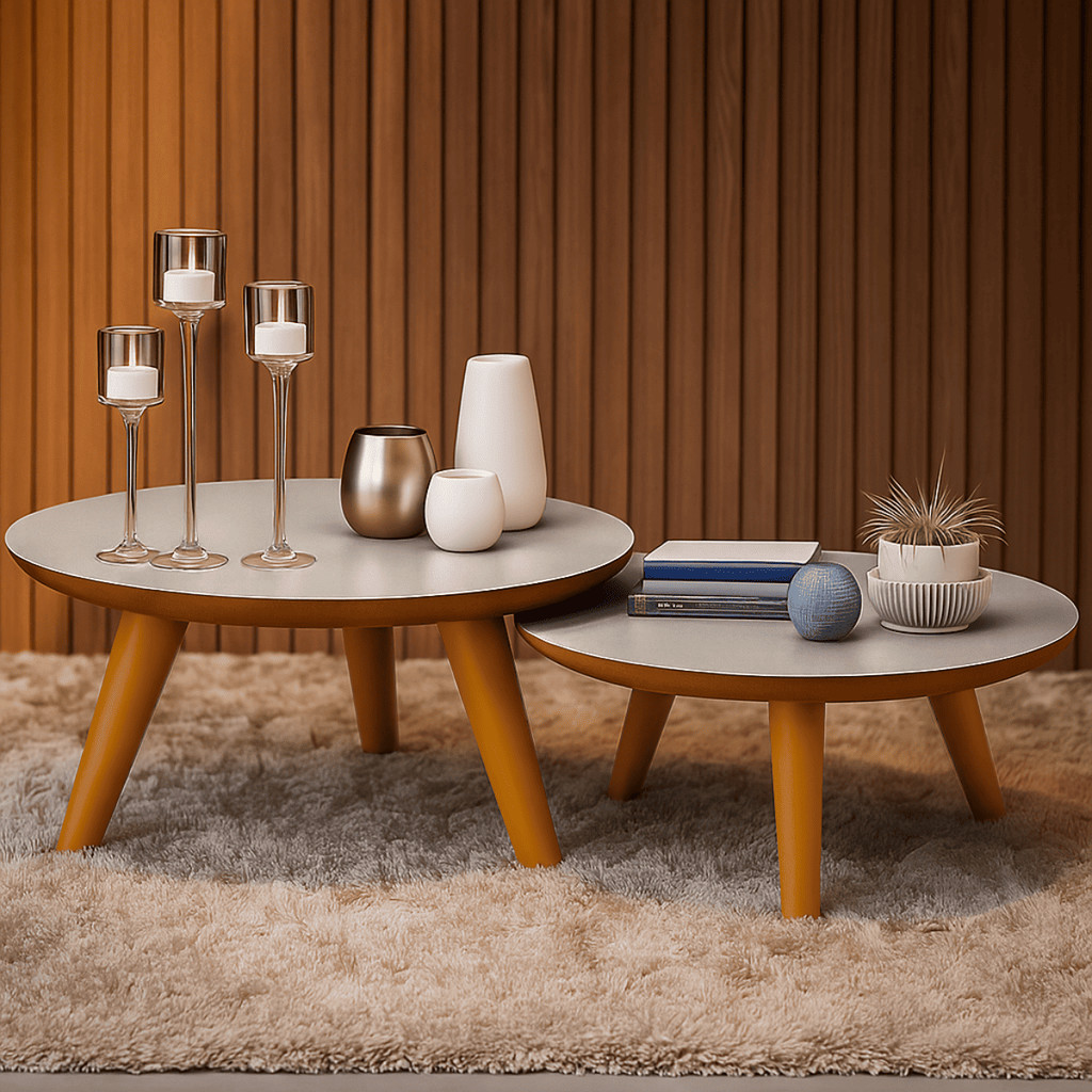 Duas Mesas De Centro Redonda Com Pés Plástico PVC Caramelo P/ Sala De Estar Decorativa Modernic