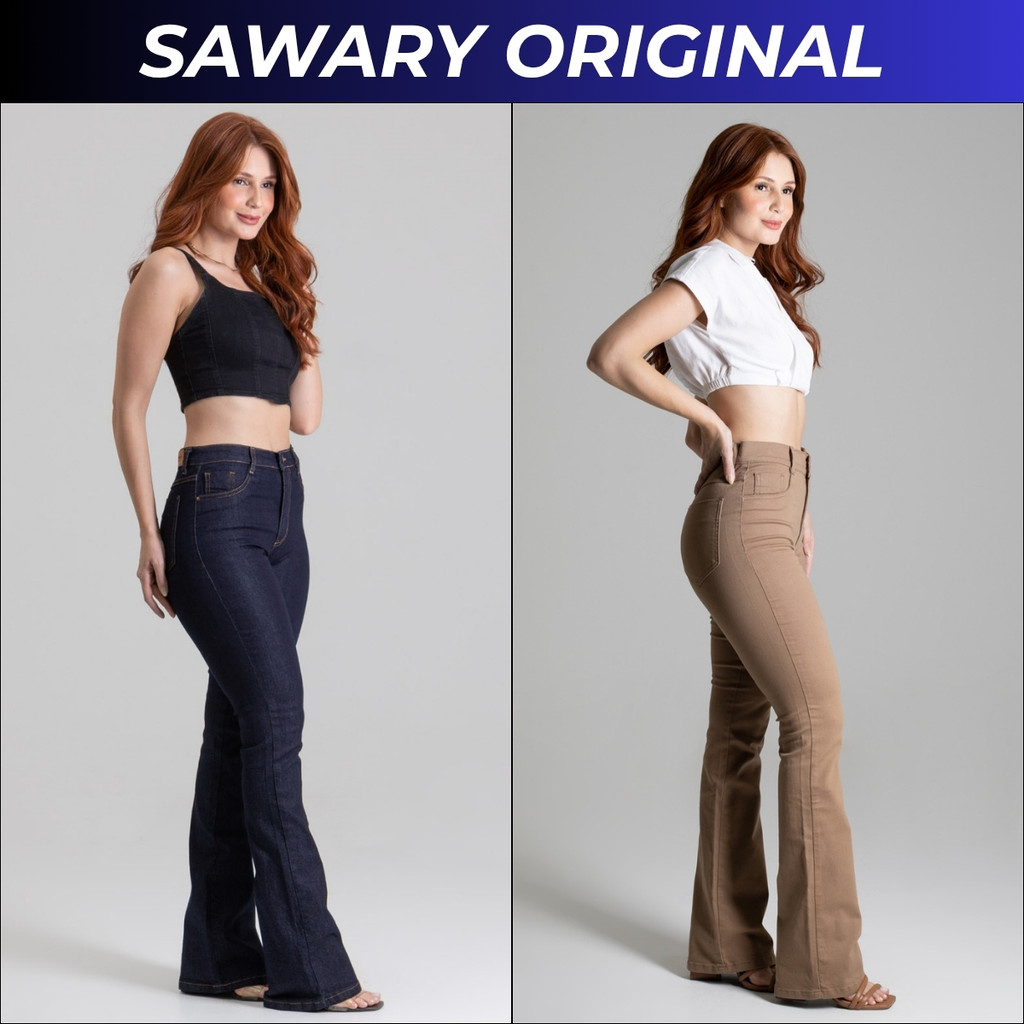 Calça Jeans Feminina Cintura Alta Sawary Original Com Lycra Elastano Flare Fler Boca Sino Brim Denim