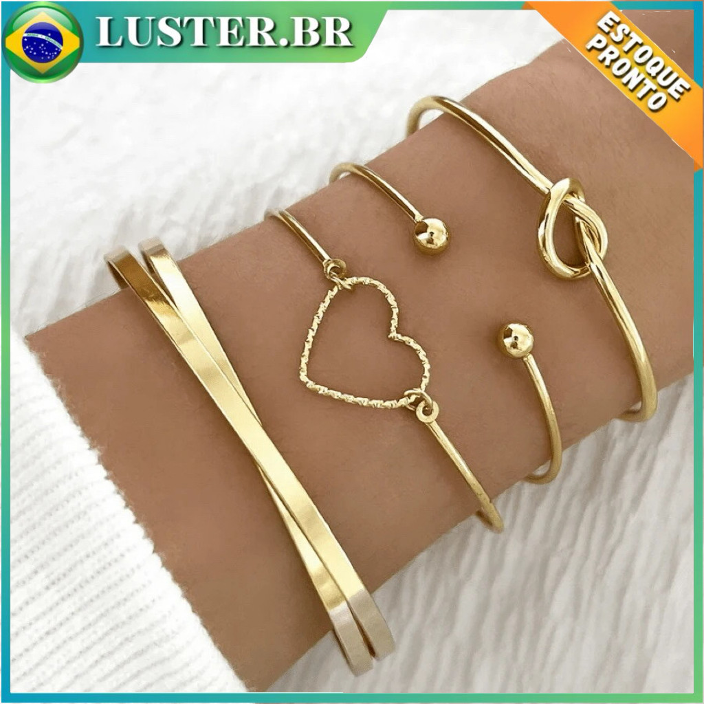Conjunto 4 Pulseiras Ouro e Prata: Acessório Feminino Vintage, Joias Retro para Mulher - Moda Charmosa