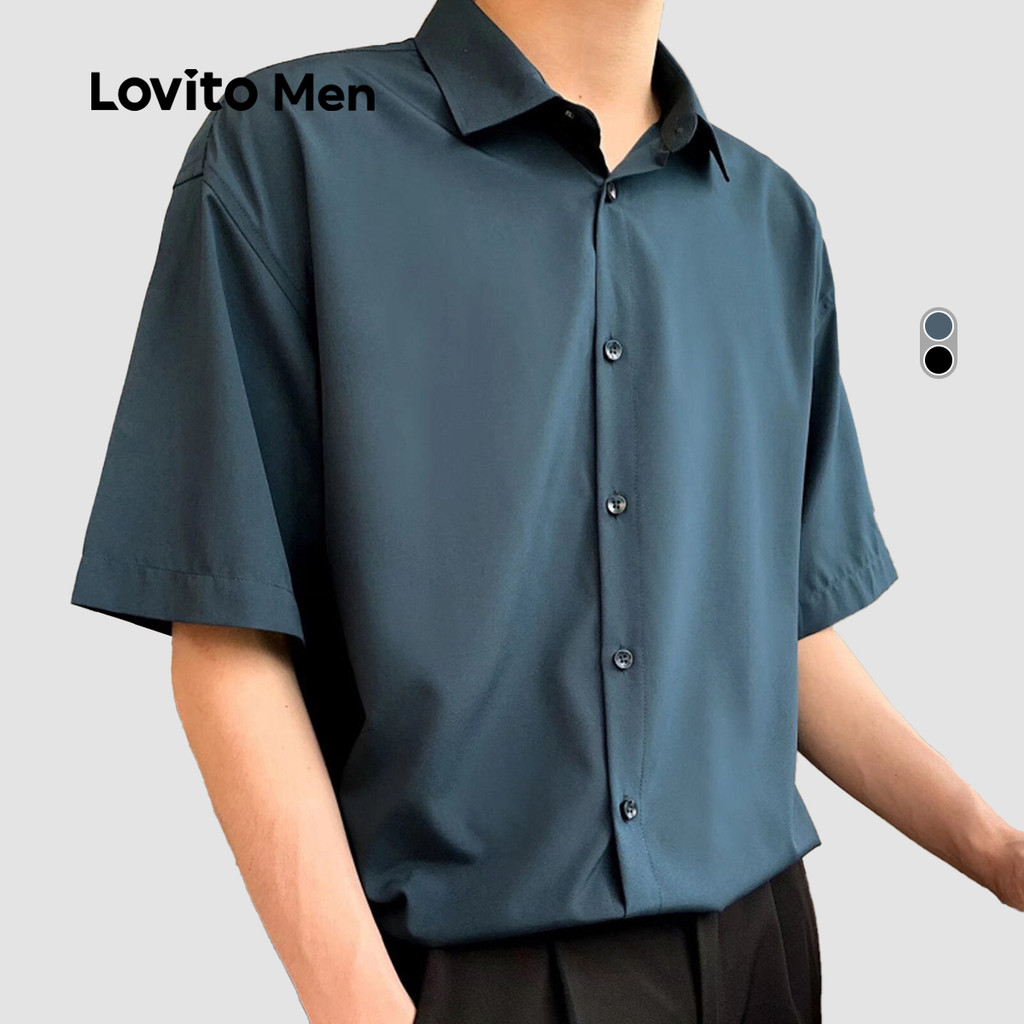 Lovito Men Camisa Elegante para Deslocamento com Botões Na Frente Primavera/verão Preta para homens LNE122148