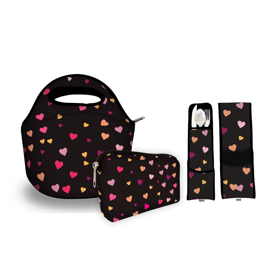 Kit Basic em Isoflex com 1 Bolsa + 1 Necessaire + 1 Porta Talher - ISOPRENE - Preto Corações em Oferta na Shopee