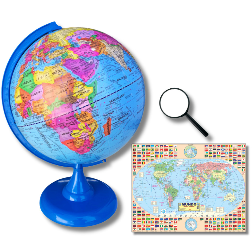 Globo Terrestre Político Studio Base Azul 30cm Diâmetro e 43cm Altura + Mapa Mundi Gigante + Lupa