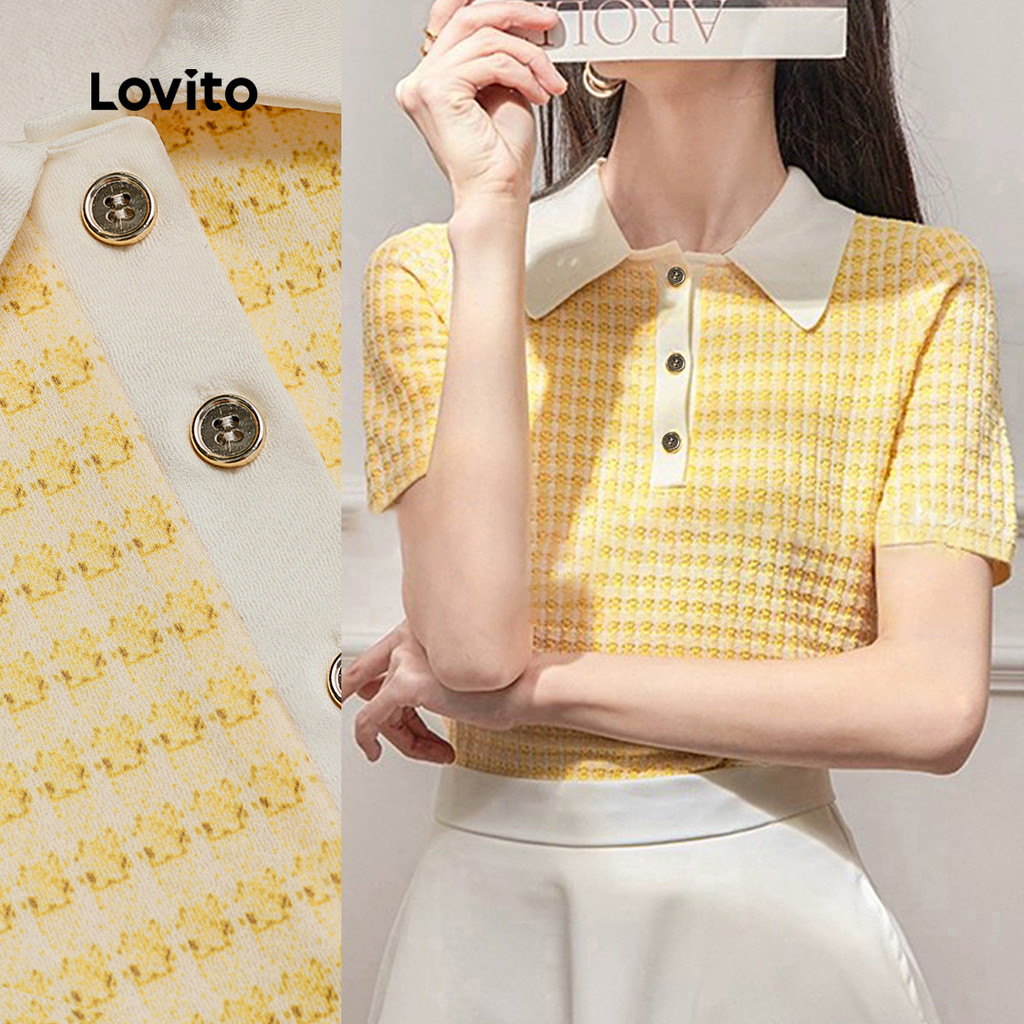 Lovito Camisa Casual Colorblock de Manga Curta com Botão para Primavera/verão Amarela para Mulheres L151AD035